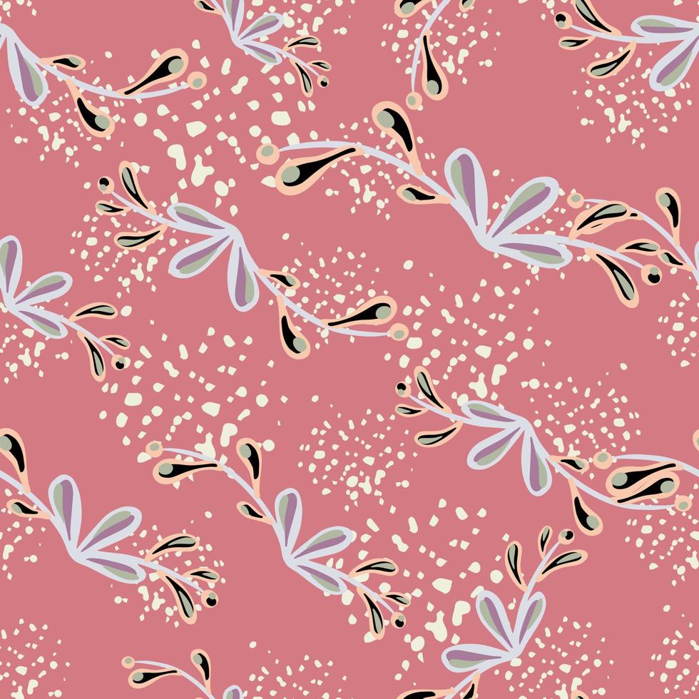 Seamless pattern with random floral branches in tender style. Pink background with splashes. vector