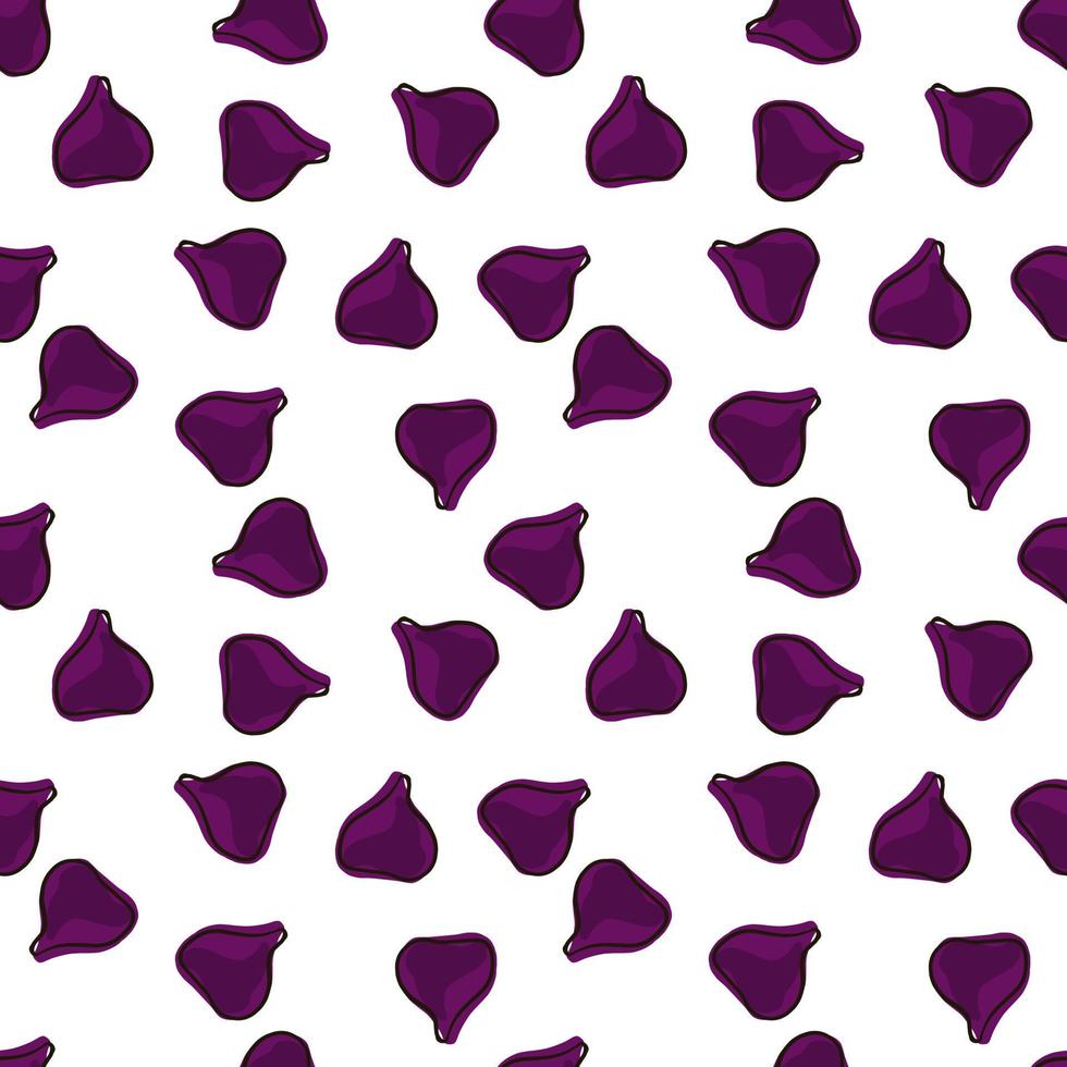 patrón inconsútil aislado con pequeñas siluetas de higo púrpura aleatorias impresas. Fondo blanco. impresión de vitaminas. vector