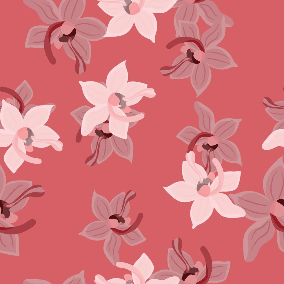 Vintage botany seamless pattern with doodle orhid flowers shapes. Pink pastel background. Nature backdrop. vector