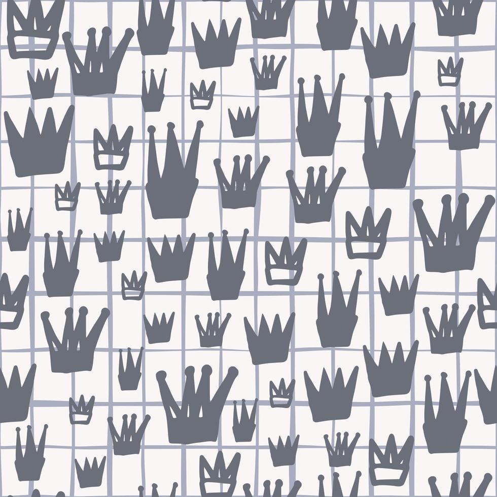 Random seamless pattern with pastel navy blue crown silhouettes. White background with check. vector