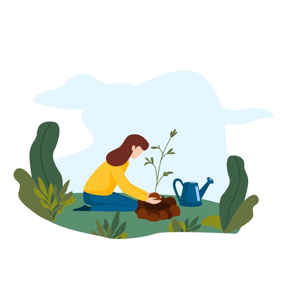 Woman sitting and planting tree. Volunteer takes care of the plant. vector