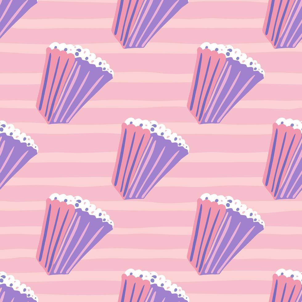 Abstract hand drawn popcorn seamless pattern. Purple and pink tones cinema snack ornament with stripped background. vector