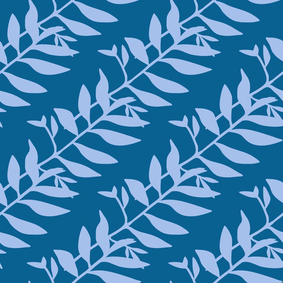 Tropical leaves silhouettes hand drawn seamless pattern. Bright blue background. Minimalistic botanic art. vector