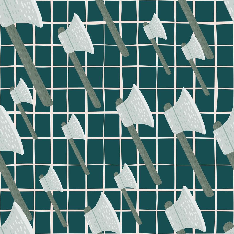 Random seamless viking hatchet doodle pattern. Middle ages norway ornament on green chequered background. vector