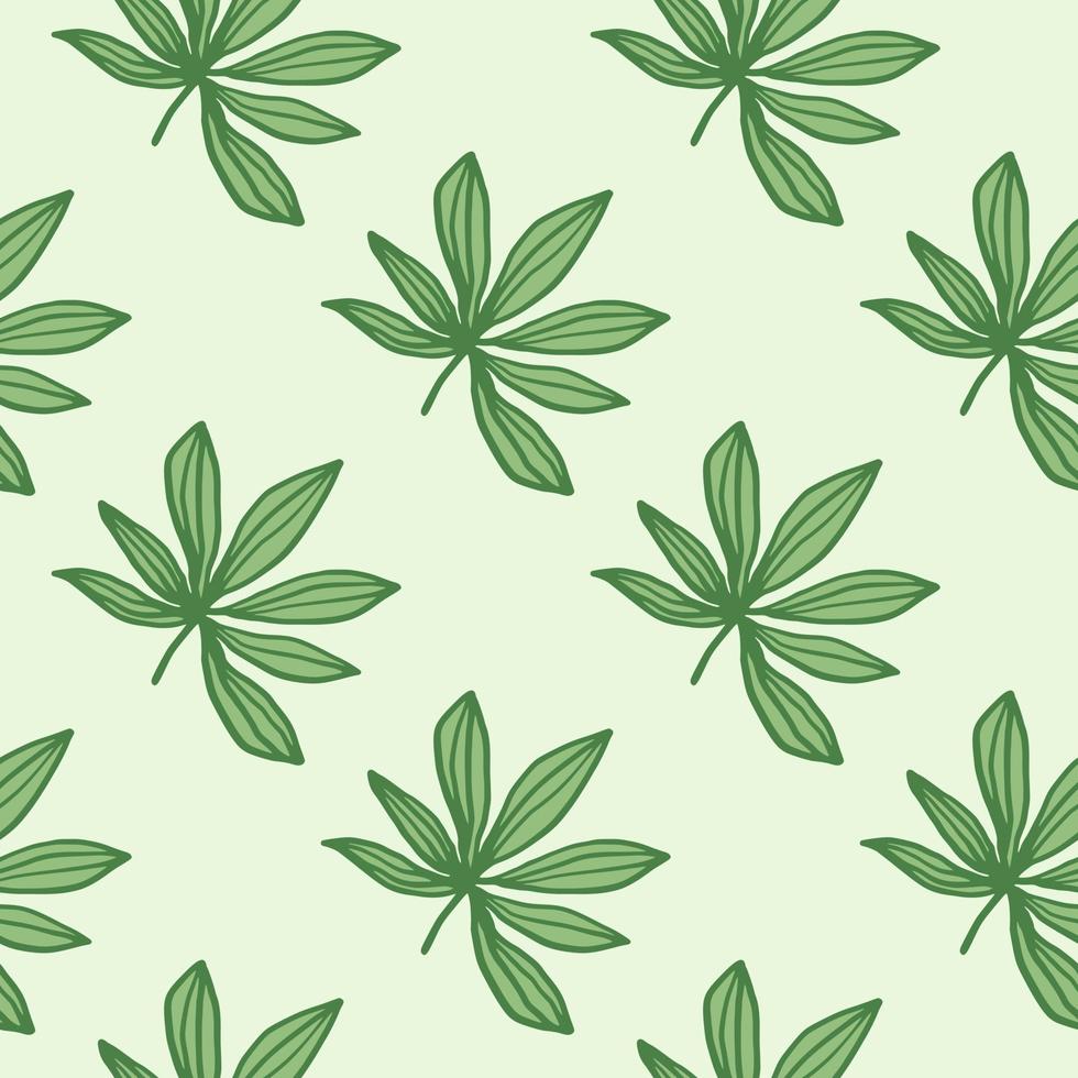 Simple cannabis silhouetes seamless pattern. Contoured green leaves on light pastel background. vector