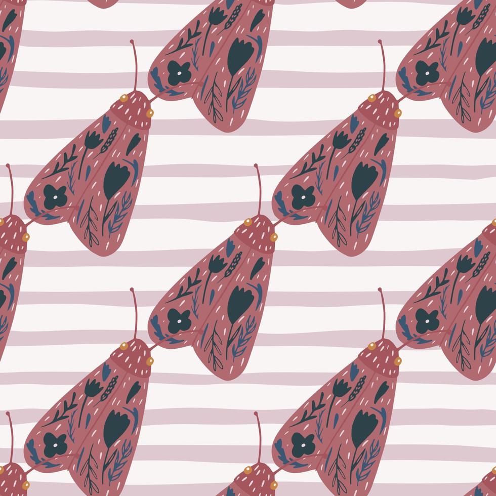 siluetas de mariposas de color rosa oscuro pálido sin costuras. adorno de polilla en el fondo con tiras moradas y blancas. vector