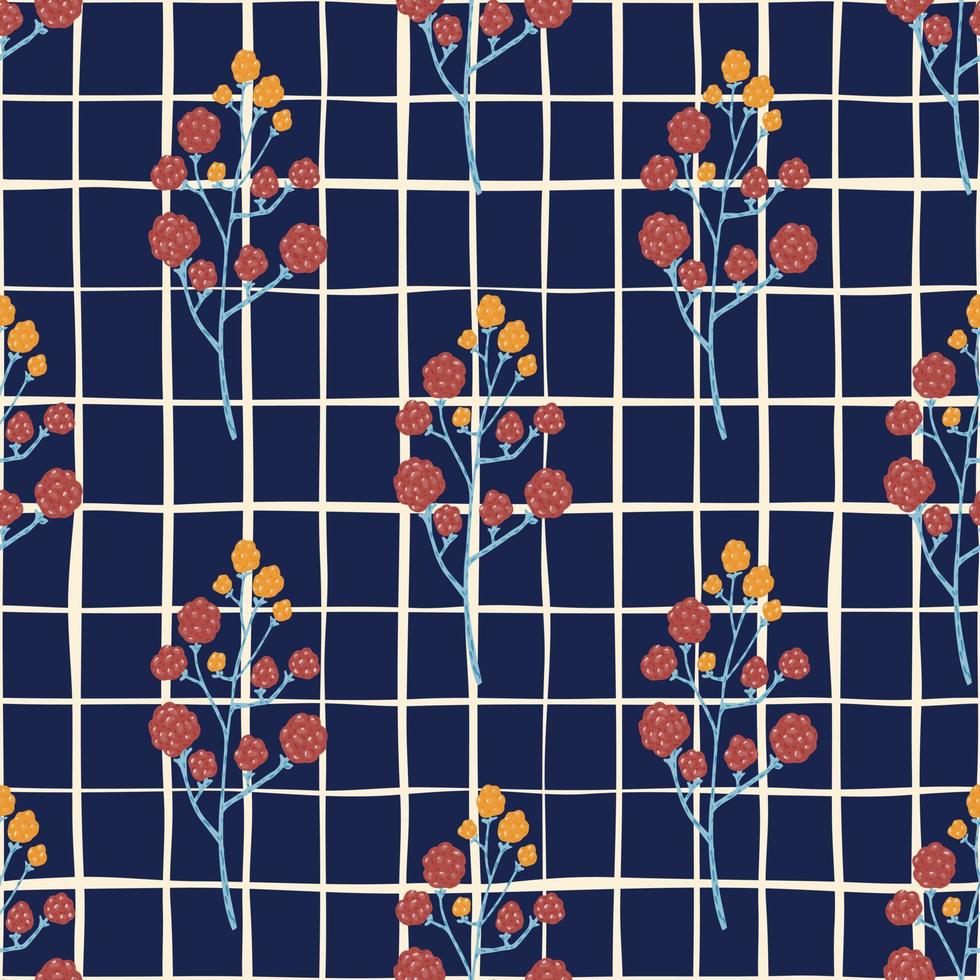 Cartoon seamless pattern with orange blackberries print. Navy blue dark background with check. vector