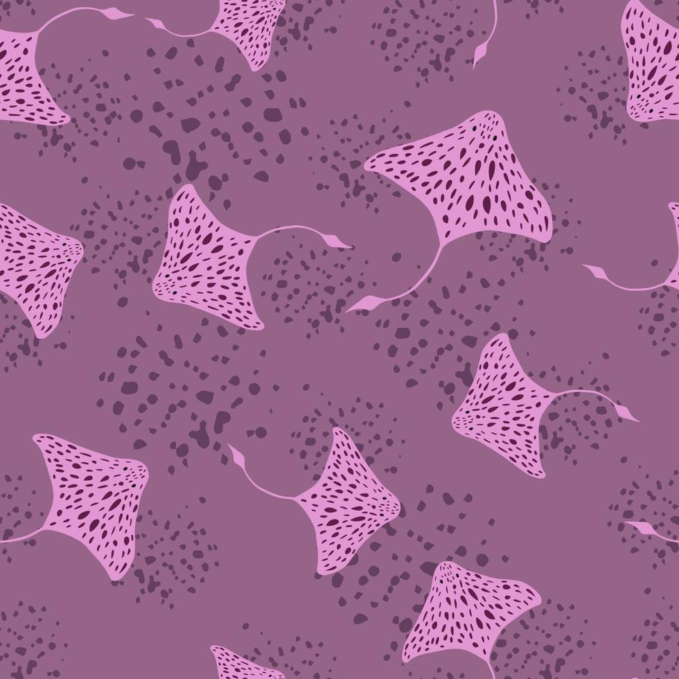 Seamless animal sea pattern with doodle random stingray silhouettes. Pastel purple background with splashes. vector