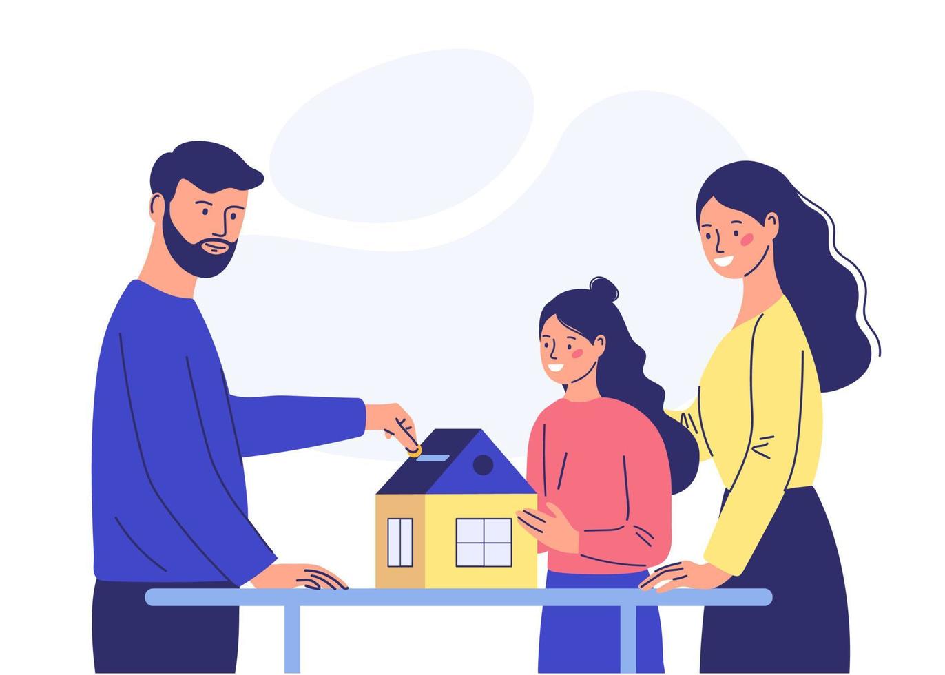 una familia joven arroja dinero a una alcancía para comprar una casa. concepto de compra de vivienda. estilo de dibujos animados vector