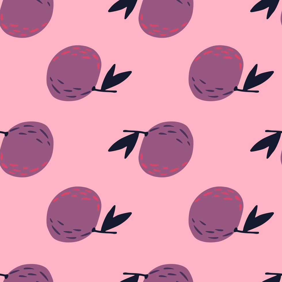 Purple simple mandarin ornament seamless doodle pattern. Stylized food print with pink background. Bright fruit backdrop. vector