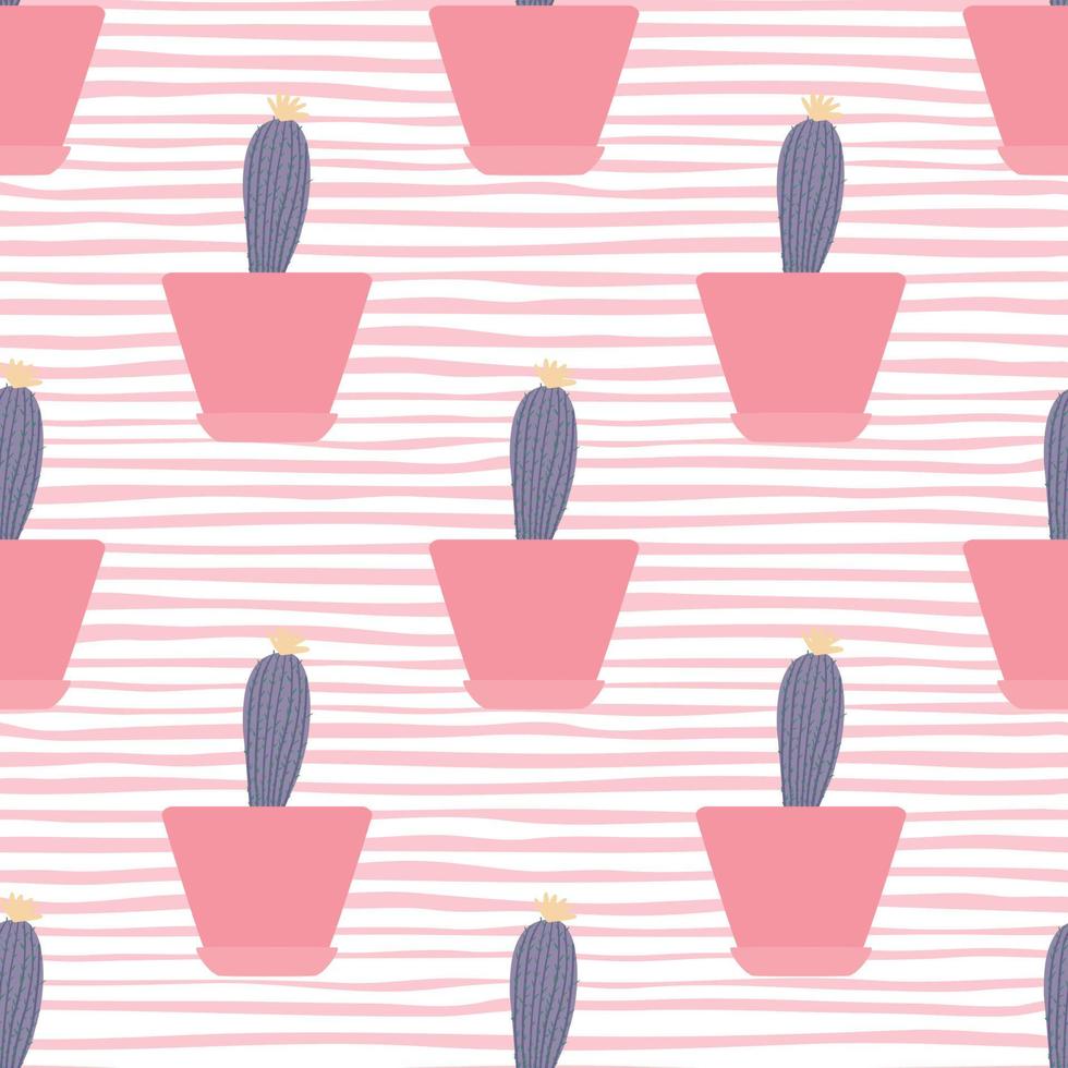Cactus in pot seamless pattern on stripe background. Simple textile ornament vector