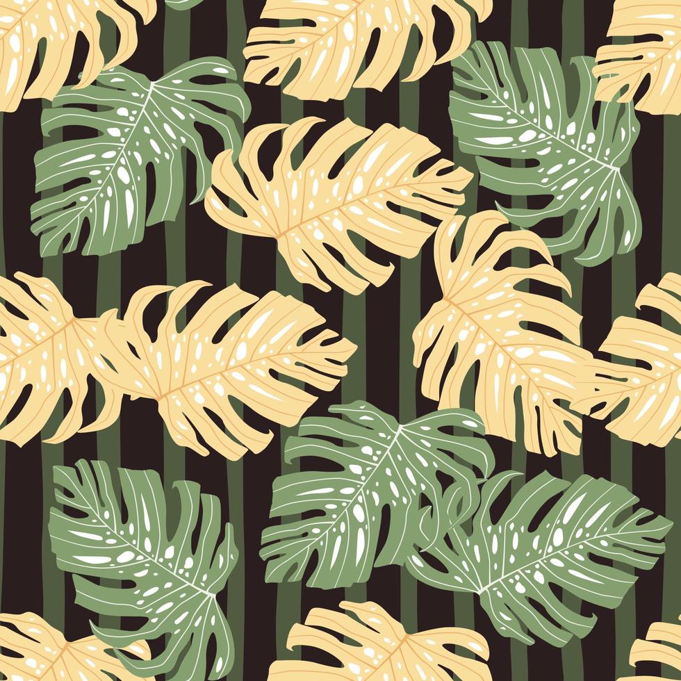 Random seamless pattern with orange and green colored monstera leaf. Dark striped background. vector