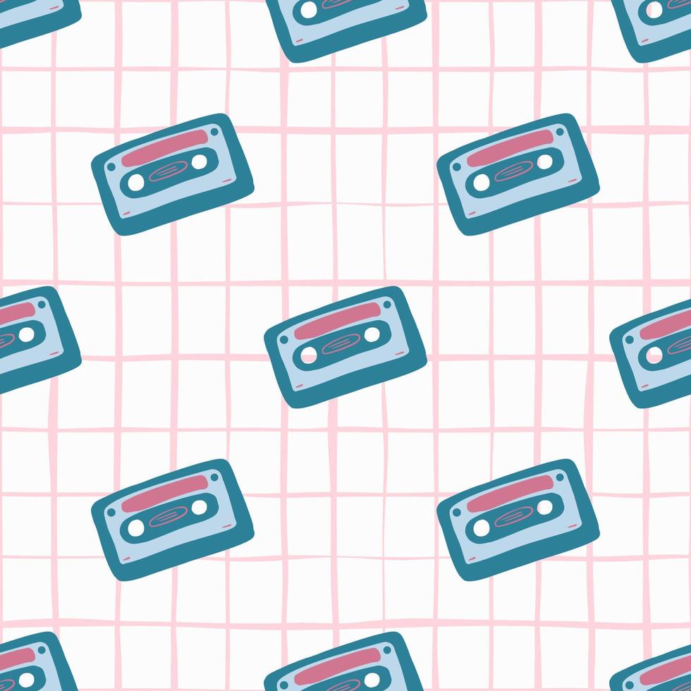 Bright disco seamless pattern with cassette ornament. White background with pink check. vector