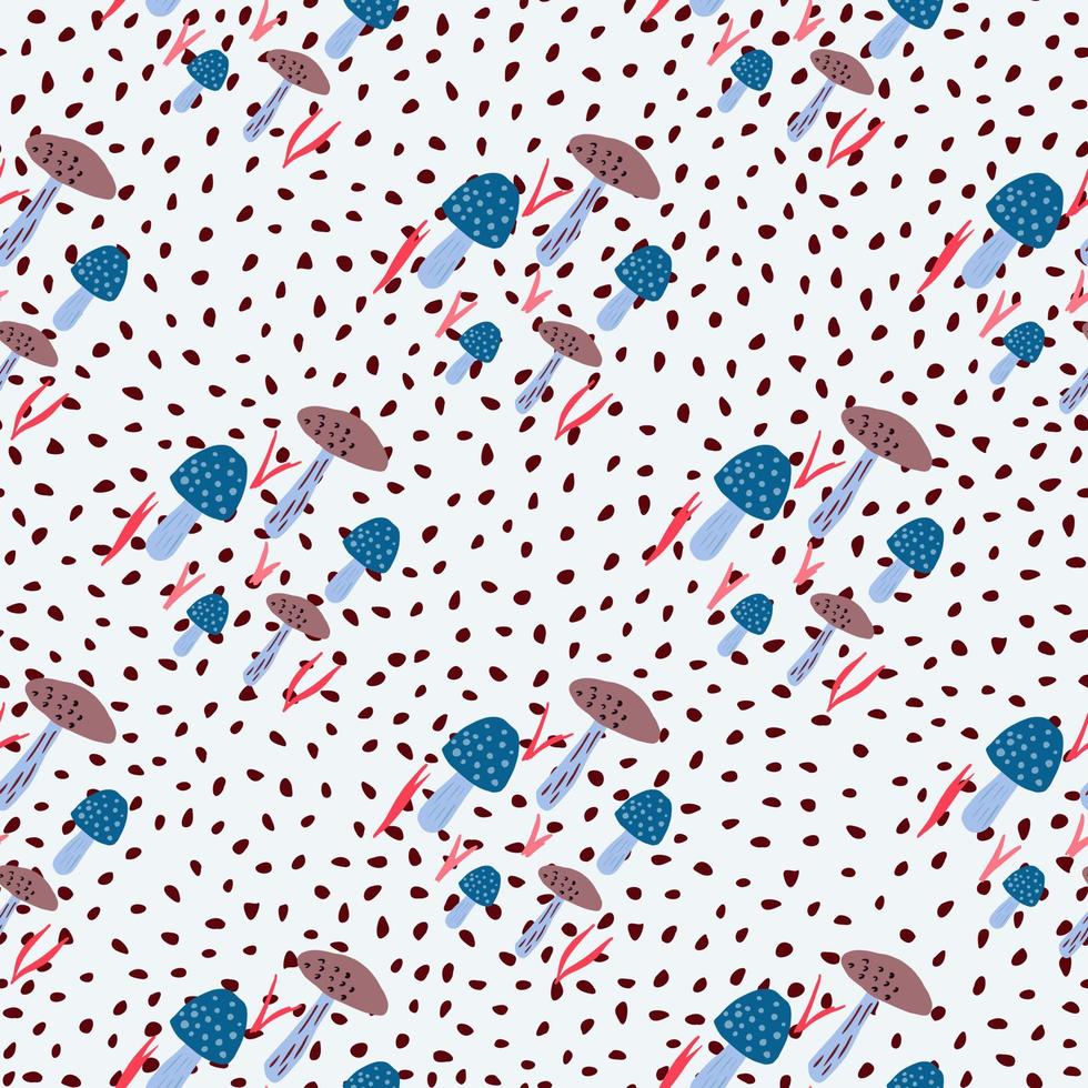 Bright seamless mushrooms pattern. Light background with dots. Navy blue fungus silhouettes. vector
