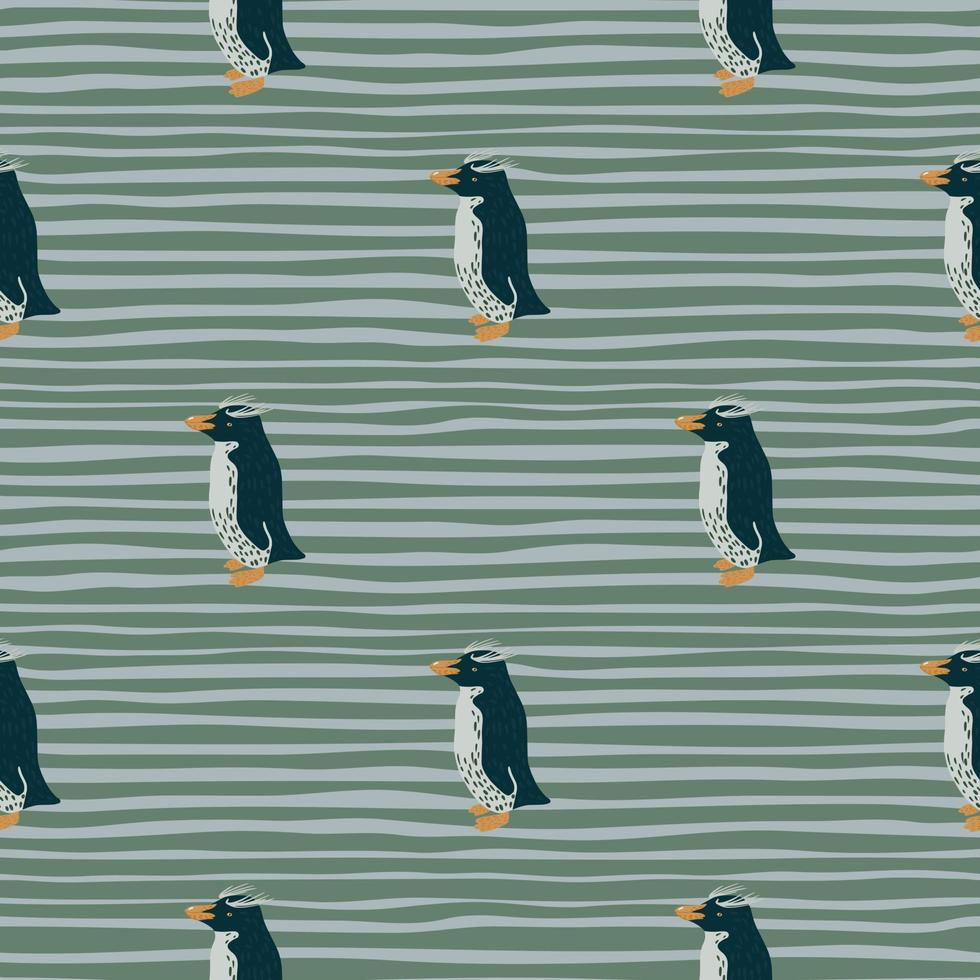 creativos pingüinos con cresta dan forma a un patrón sin costuras. impresión ártica dibujada a mano. fondo de rayas verdes y azules. vector