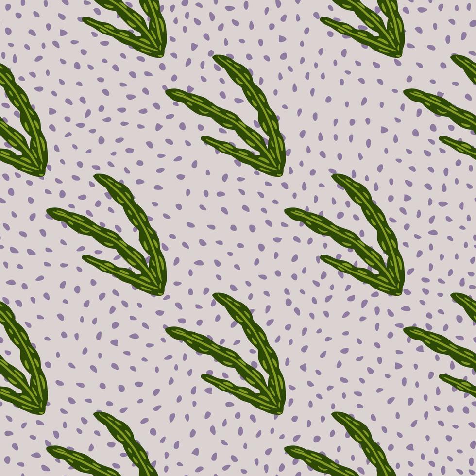 Green seaweed doodle abstract silhouettes seamless pattern. Underwater print with lilac dotted background. vector