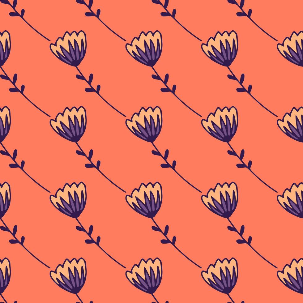 Simple stylized seamless pattern with tulip abstract figures. Blue flowers ornament on coral background. vector