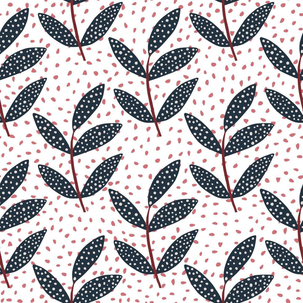 Seamless pattern with dark blue floral branches with white dots. White background with red dots. vector