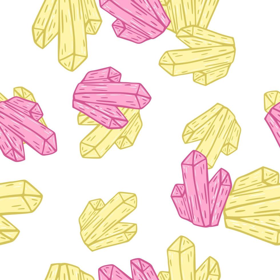 Seamless isolated pattern with yellow and pink colored crystal ornament. White background. vector