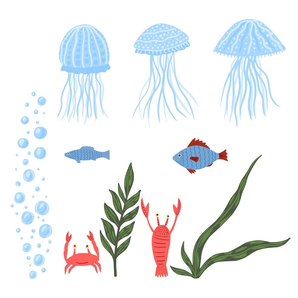 establecer la fauna marina sobre fondo blanco. dibujos animados de medusas lindas, peces, cangrejos de río, burbujas y algas marinas en garabatos. vector