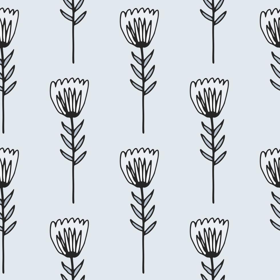 Outline tulip flower seamless pattern. Floral ornament with black contour on light background. vector