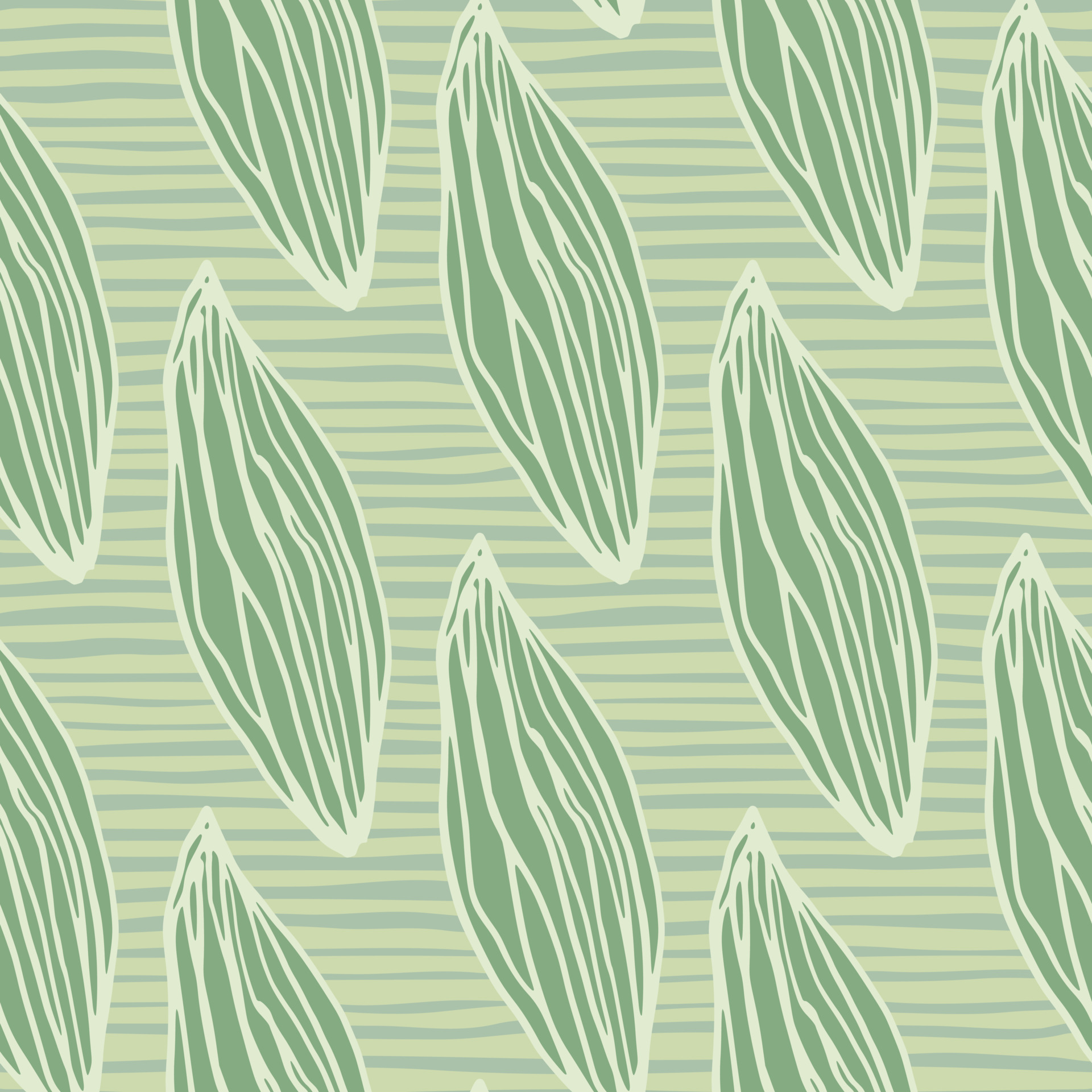 Pastel green leafs seamless hand drawn pattern. Stylized outline ...