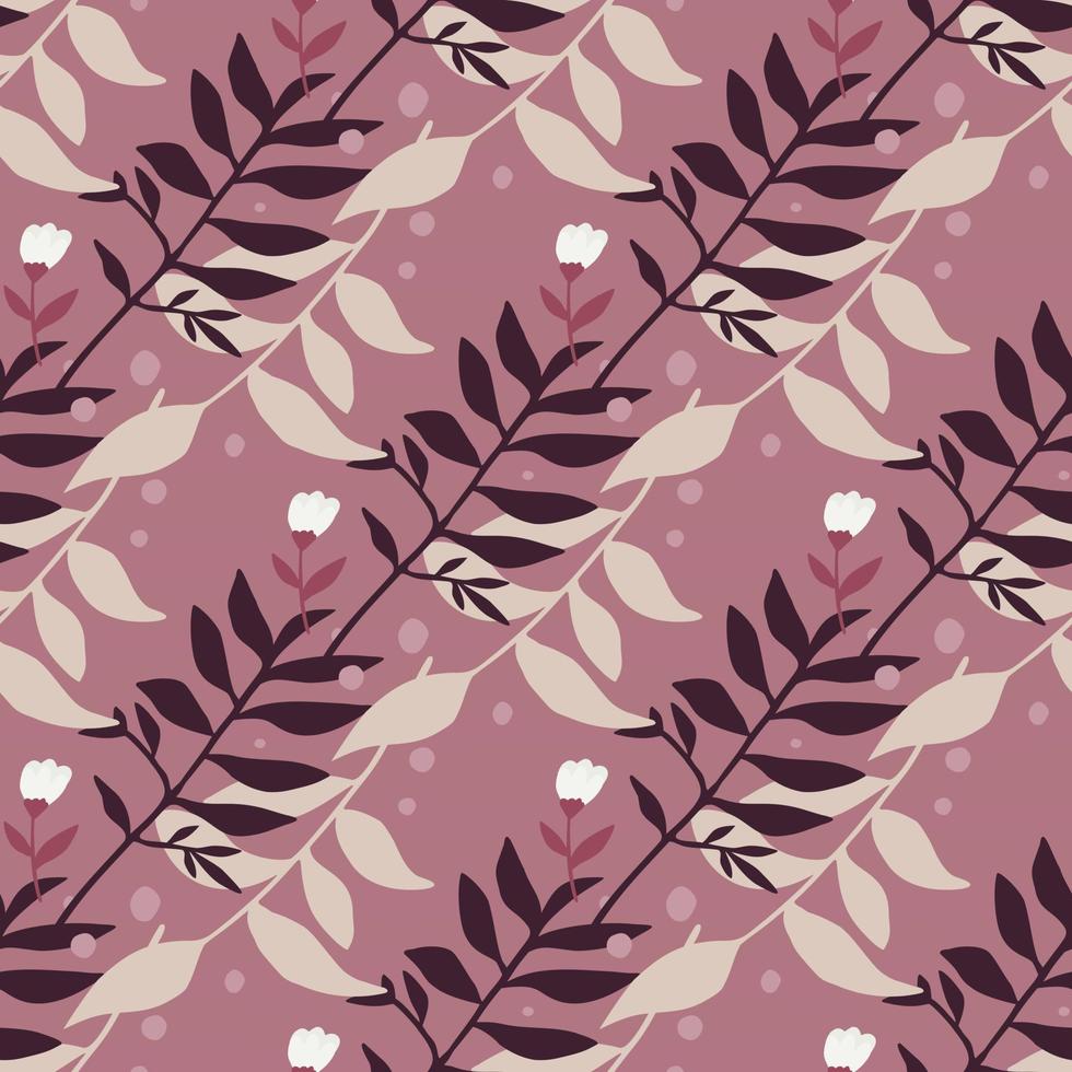 Simple doodle seamless floral pattern with branches. Forest bouquet in dark and light pastel tones on purple background. vector