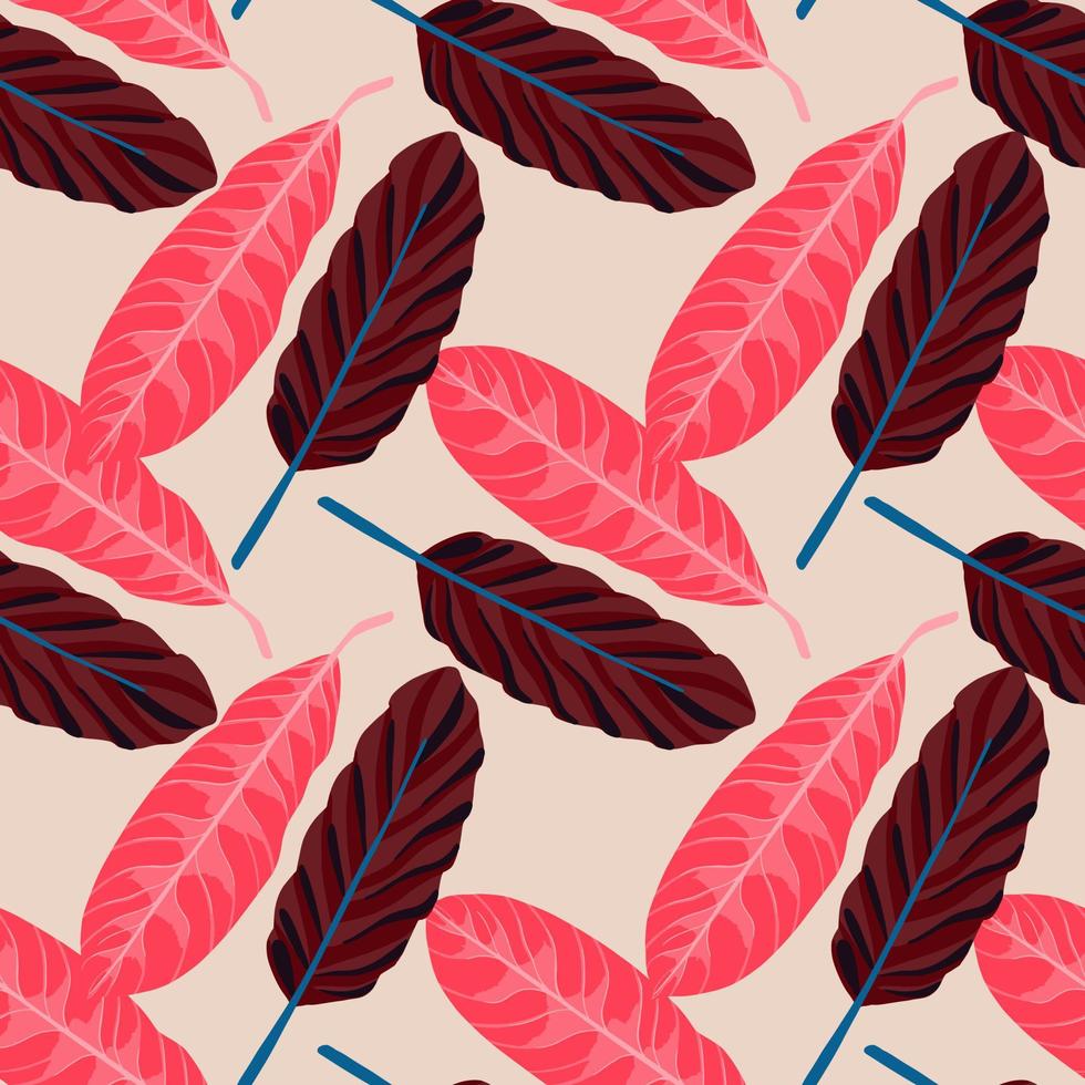 Bright floral seamless pattern with pink and maroon leafs. Light background. Floral simple backdrop. vector