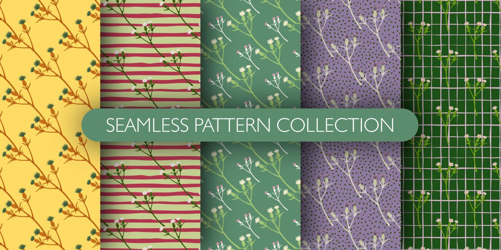 Set of burdock branches silhouettes seamless hand drawn pattern. vector