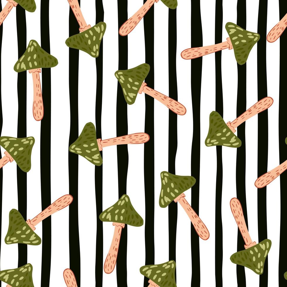 Random seamless pattern with green magic mushroom ornament. Black and white striped background. vector