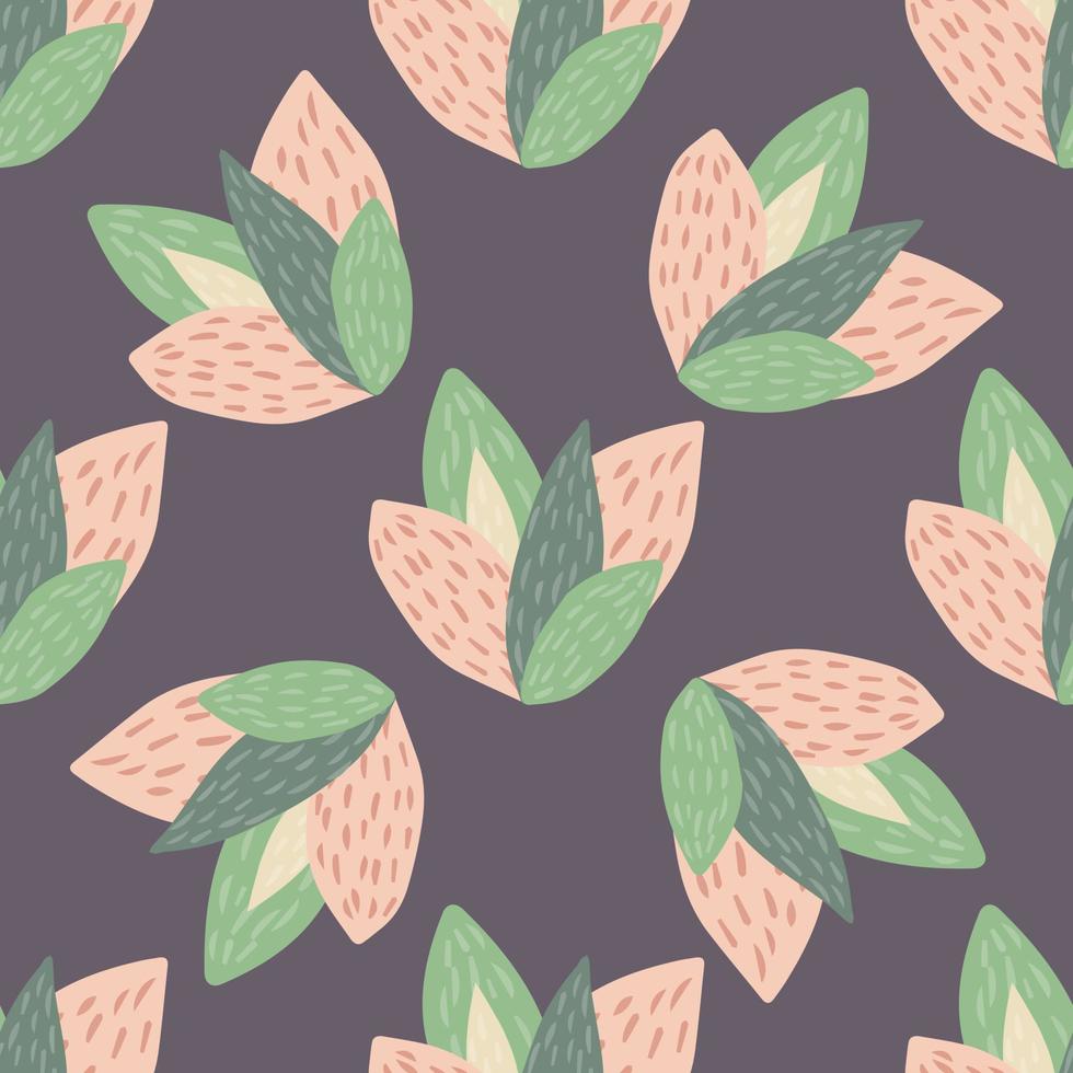 Spring botanic seamless pattern with pink and green leaves on purple background. vector