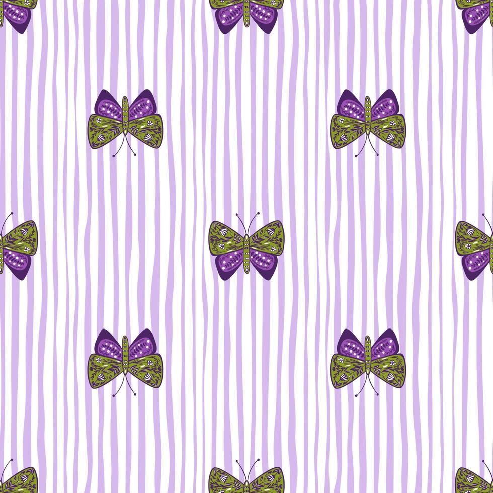Green and purple colored folk butterfly shapes seamless pattern in doodle style. Striped background. vector