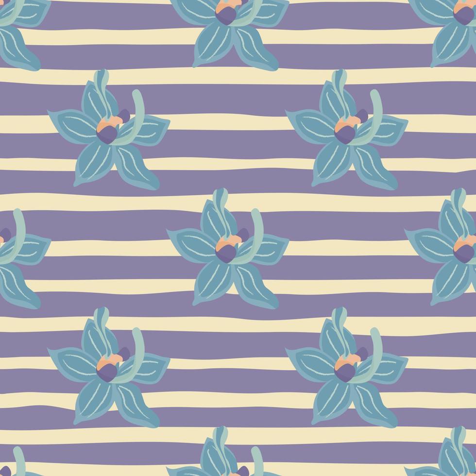 Hand drawn blue colored orchid flowers shapes seamless pattern. Purple striped background. Simple print. vector