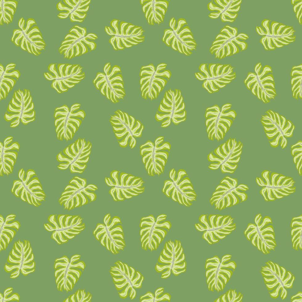 Botany seamless pattern with random green monstera leaf ornament. Pastel background. Tropic shapes. vector