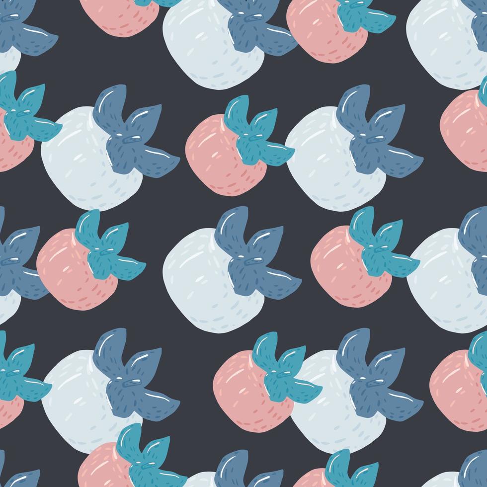 Pink and light blue persimmon silhouettes seamless pattern. Nature backdrop with navy blue background. vector