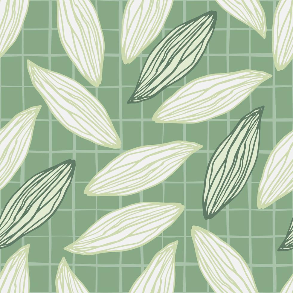 patrón de garabato sin costura verde claro aleatorio. esbozar elementos botánicos sobre un fondo a cuadros verde pálido. vector
