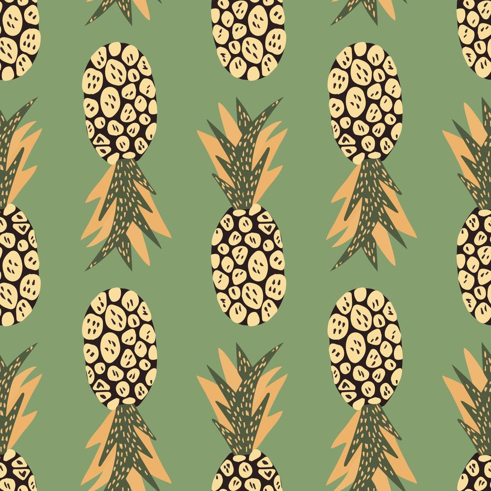 Hand drawn decorative pineapple endless wallpaper. Exotic tropical fruits pattern on green background. vector