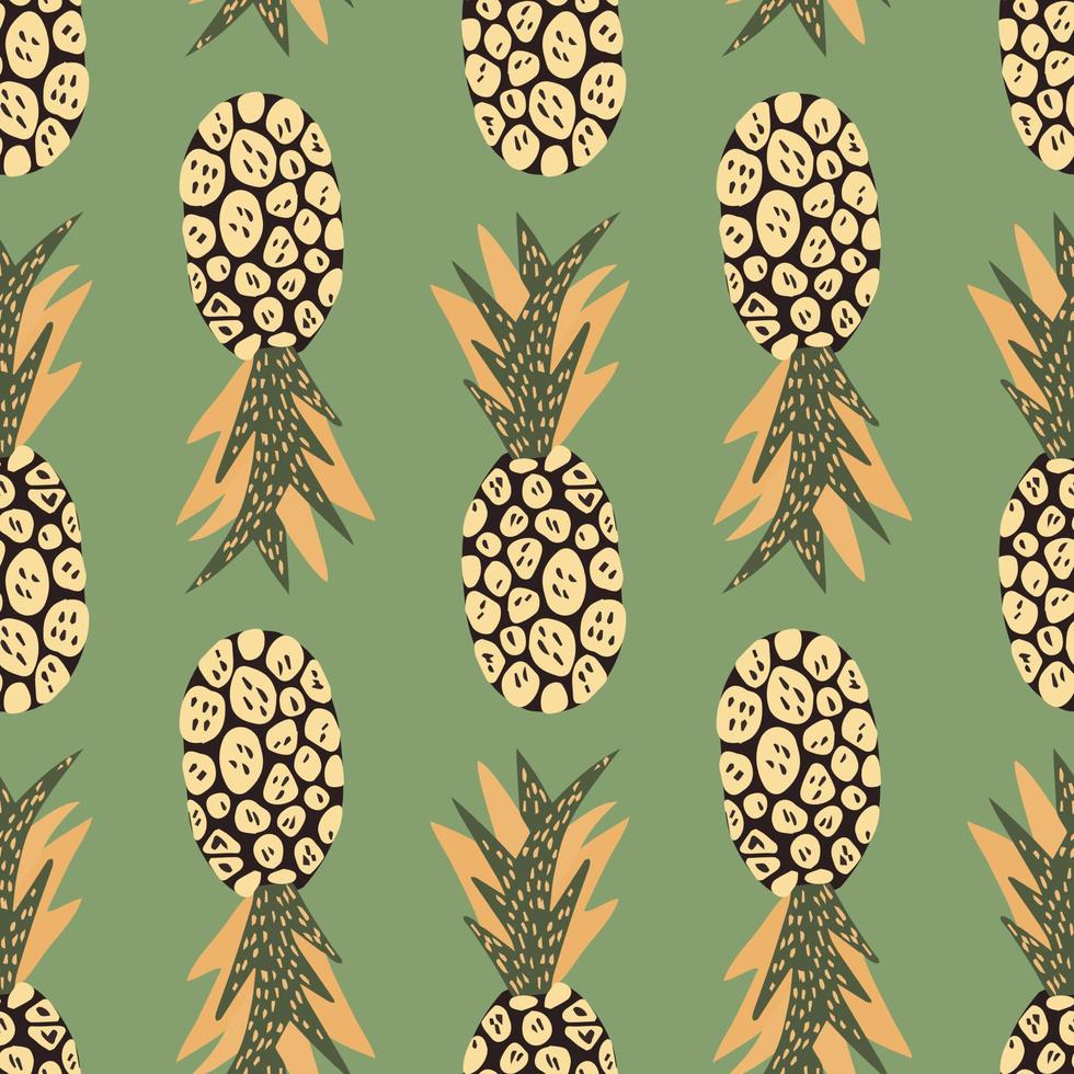 papel tapiz interminable de piña decorativa dibujada a mano. patrón de frutas tropicales exóticas sobre fondo verde. vector