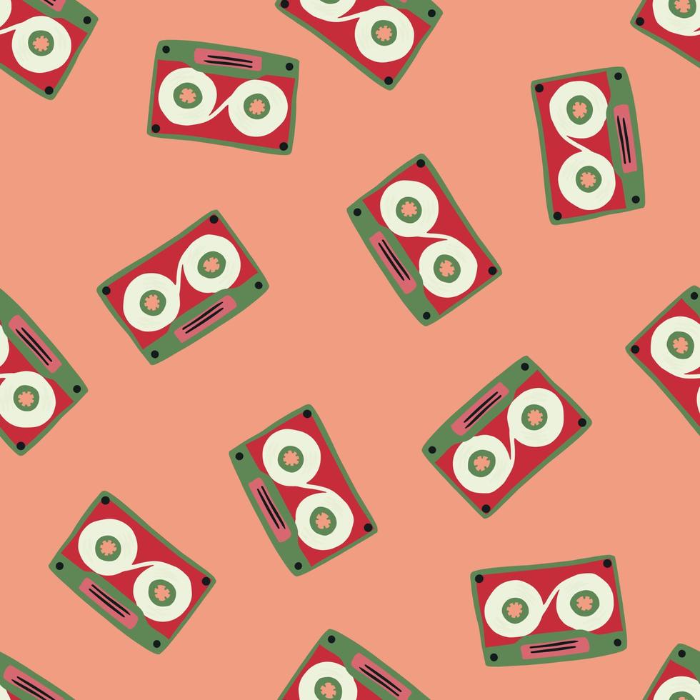 Minimalistic random cassette seamless pattern. Doodle ornament in red and green bright tones on pastel pink background. vector
