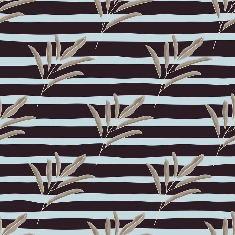 Herbal abstract seamless pattern with grey doodle floral branches ornament. Striped dark background. vector
