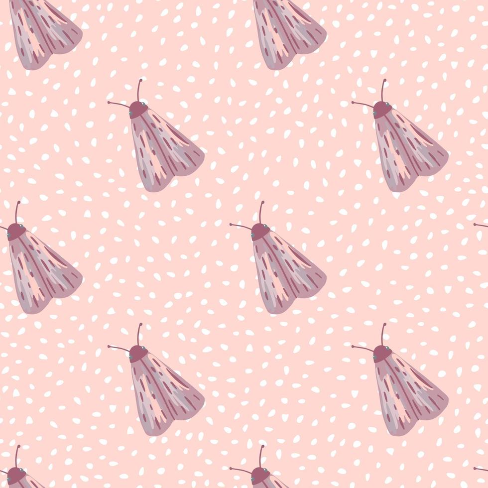 Simple seamless insect pattern with moles ornament. Light purple butterfly shapes on pink dotted background. vector