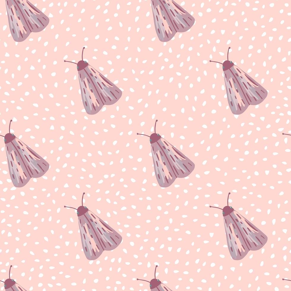 Simple seamless insect pattern with moles ornament. Light purple butterfly shapes on pink dotted background. vector