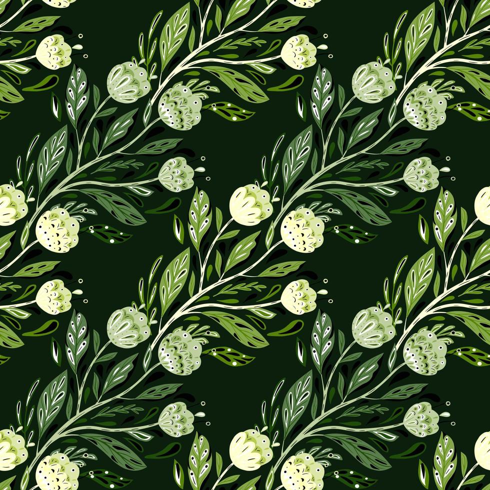 patrón sin costuras de ramo popular en estilo de garabato creativo. fondo negro. adorno de follaje verde con flores. vector