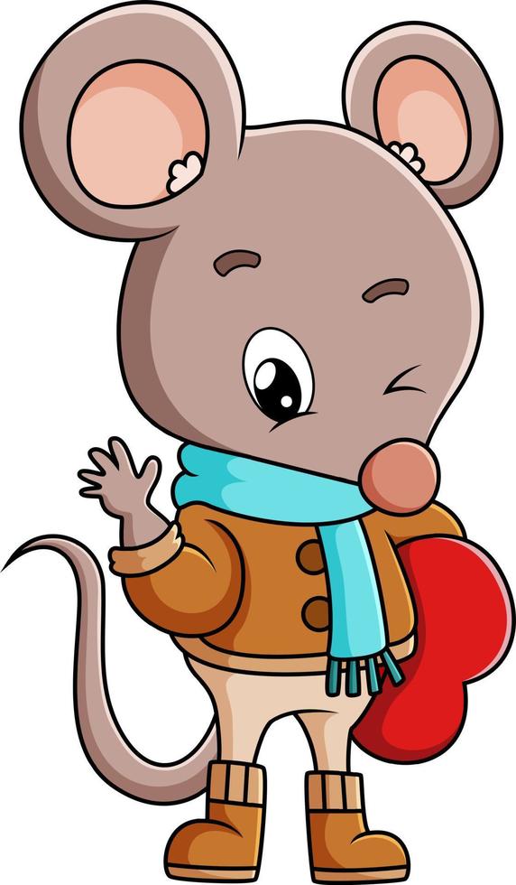 The big mouse with the winter costume is holding the love sign vector