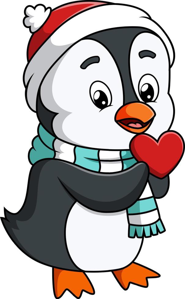 el pingüino feliz sostiene el cartel del corazón vector