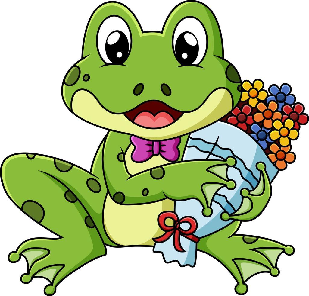 The cute frog is holding a bouquet of flowers for valentine vector