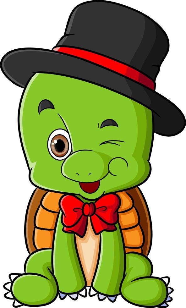 The sweet turtle is sitting and wearing the black hat vector