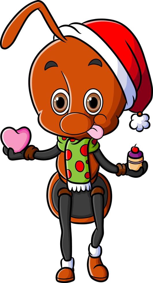 The happy ant is holding the heart and a small cupcake vector