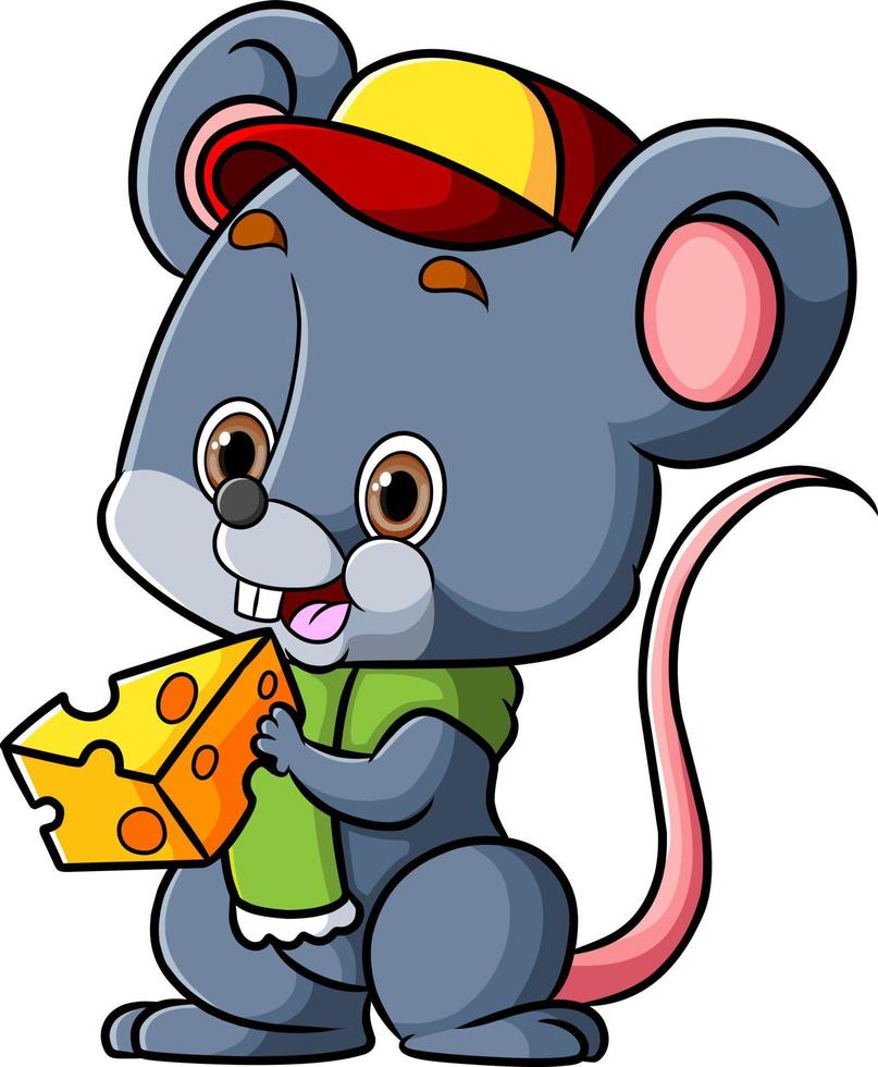 The little mouse is wearing hat and scarf while eating cheese vector