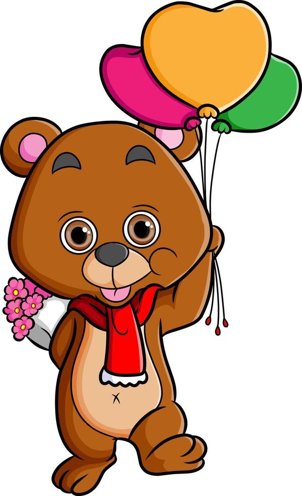 el adorable oso sostiene globos y flores vector